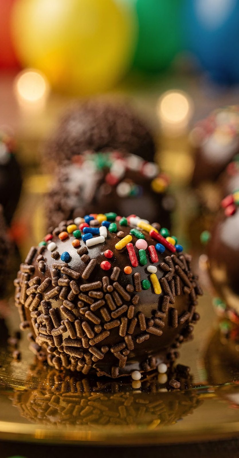 Brigadeiro coberto de granulado sobre prato dourado, com balões ao fundo