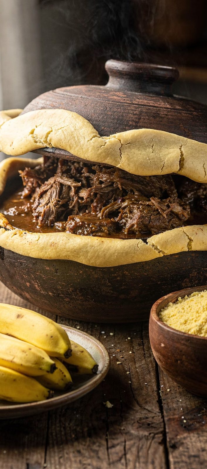 Panela de barro vedada com massa de farinha, carne desfiada, banana e farinha de mandioca