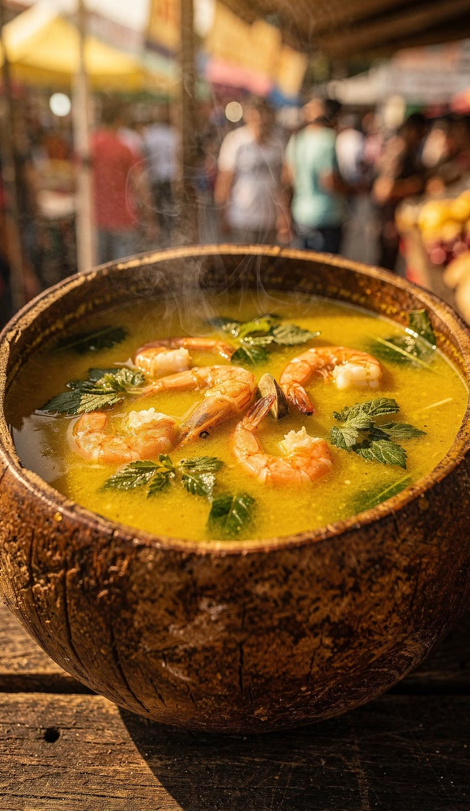 Cuia com caldo amarelo, camarões e folhas verdes, numa feira de rua