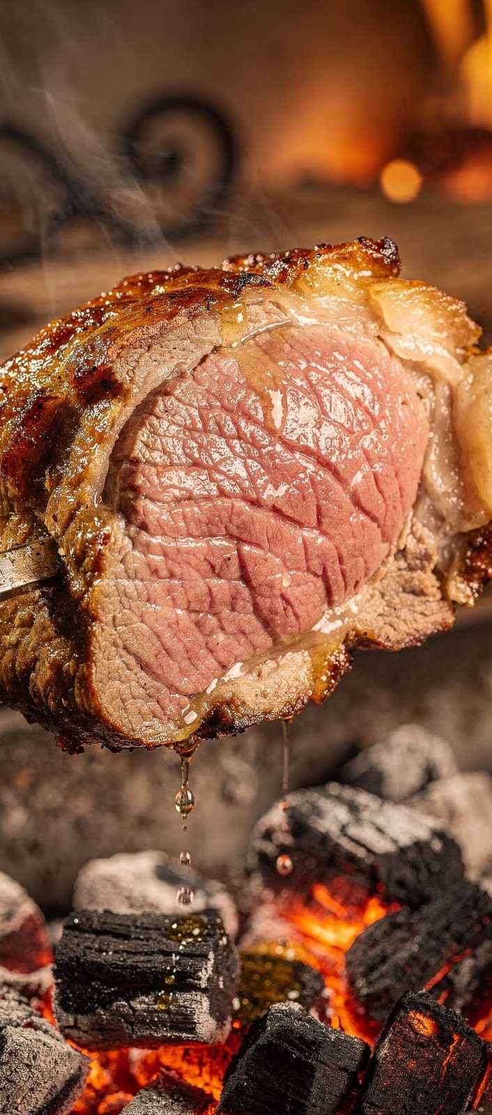 Peça de picanha assando no espeto sobre brasas